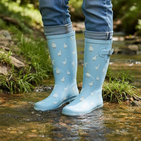 Women's Puddle Ducks Blue Waterproof Tall Knee High Rubber landchief Rain Boot - Picture 2 of 6